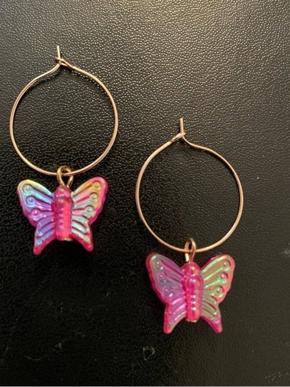 * Pink Butterfly Dangly Wire Hoop Gold Earrings NEW Cute and Lightweight!